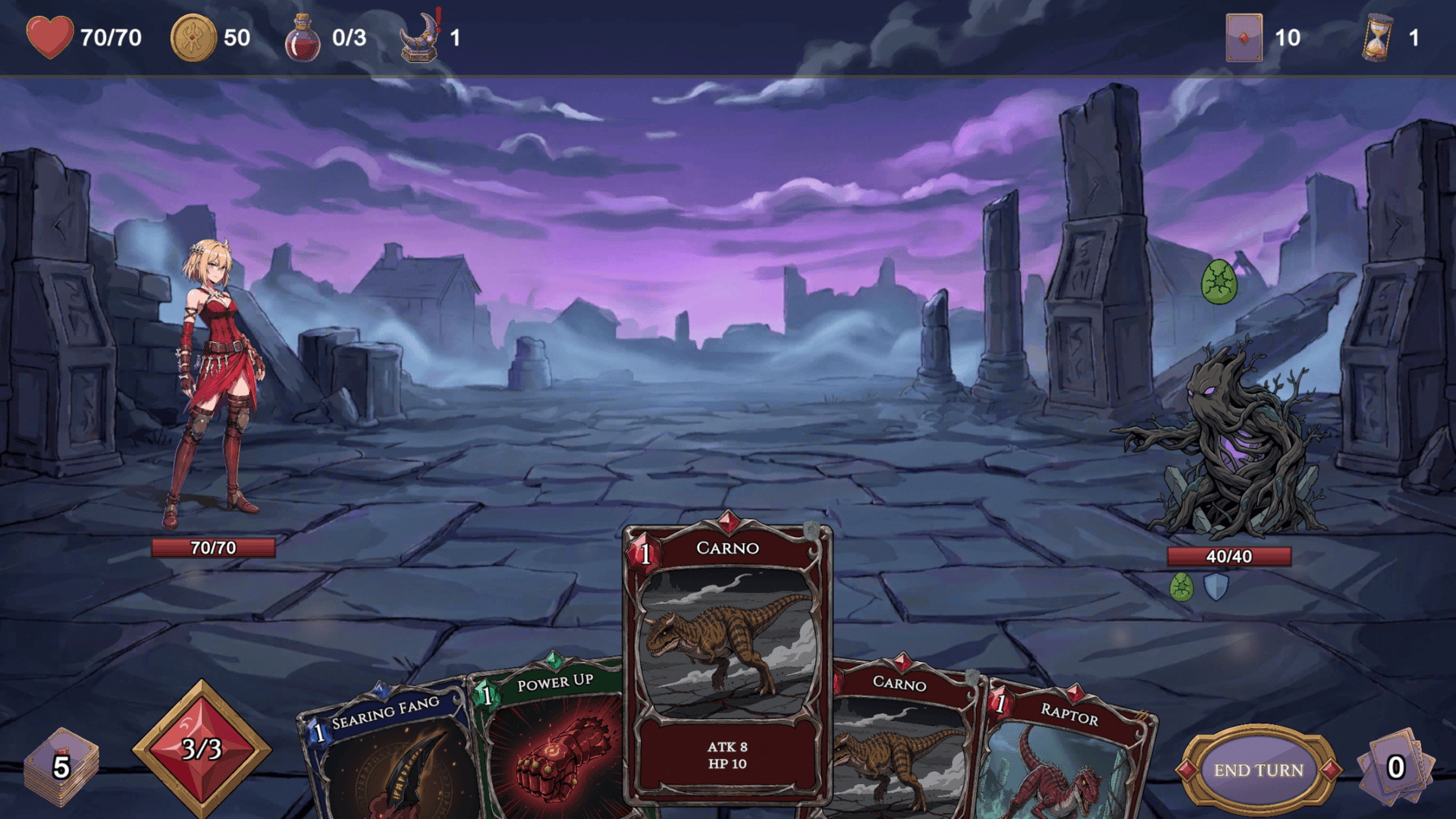 Last Ember combat — summoner with dinosaur creature cards