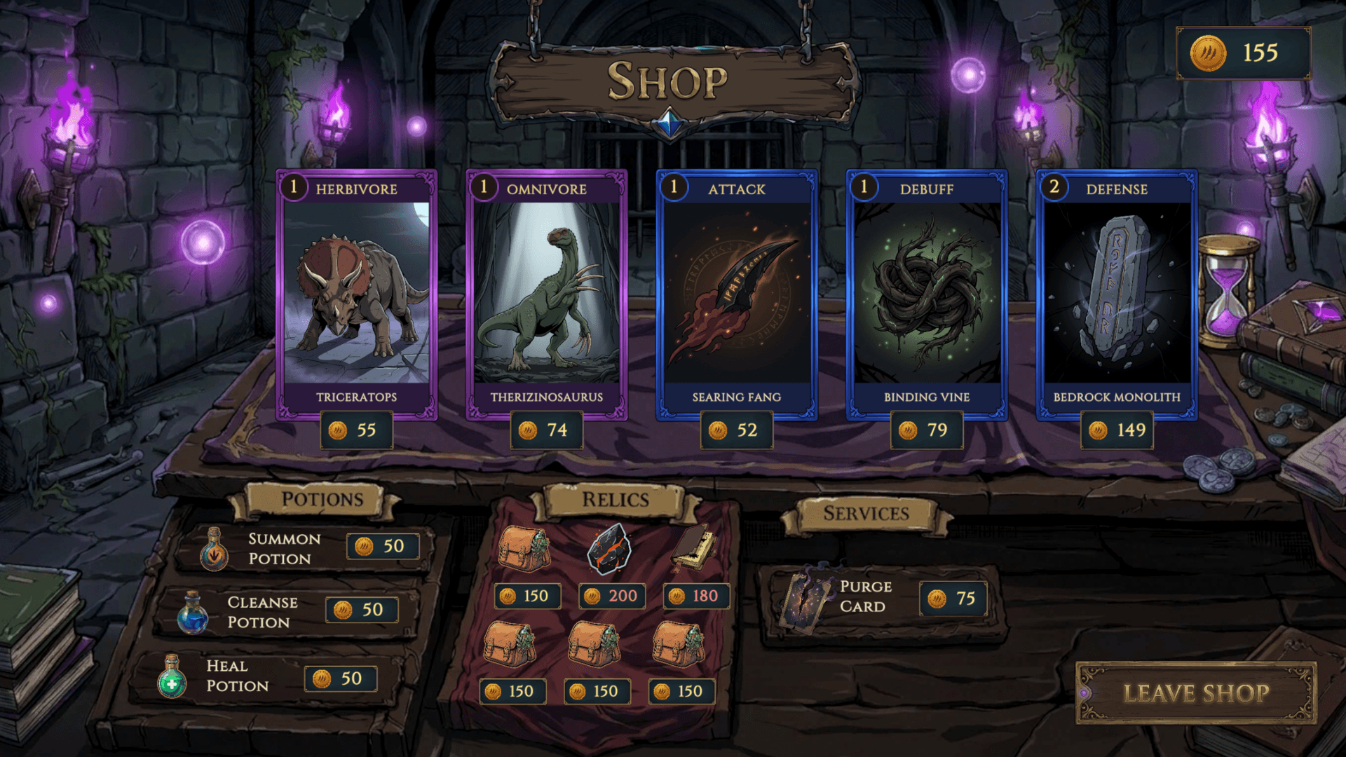 Shop — cards, potions, relics, services